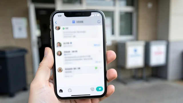 Imagem gerada por IA: Celular com aplicativo de mensagens diante de uma seção eleitoral.