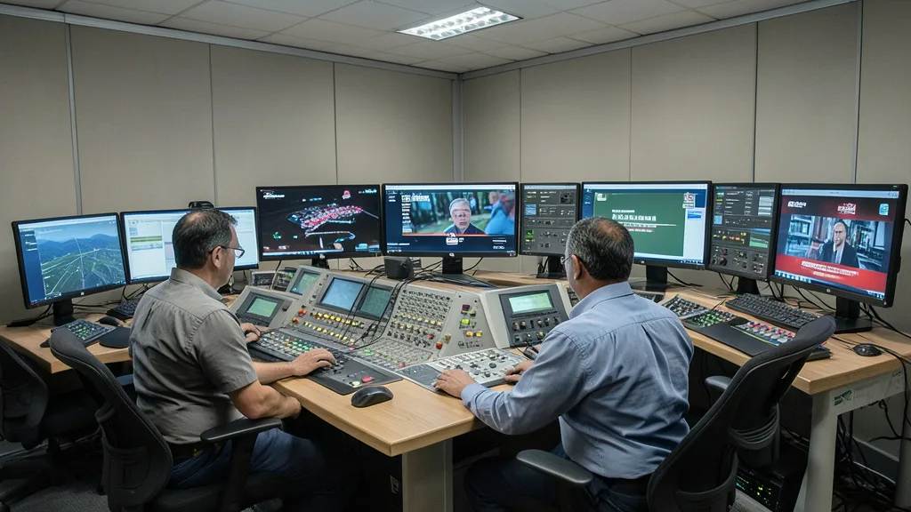 Imagem gerada por IA: Técnicos acompanham equipamentos em uma sala de controle de transmissão de televisão.