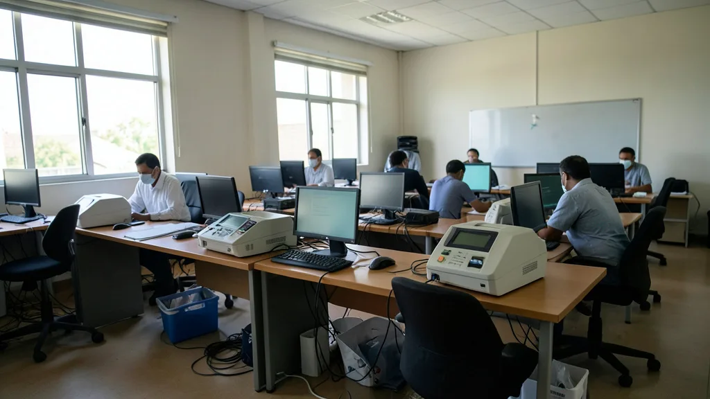 Imagem gerada por IA: Sala de apuração eleitoral com equipamentos eletrônicos e computadores após a votação.