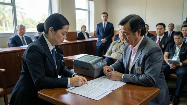 Servidores verificam equipamentos eleitorais e documentos em uma sala institucional.