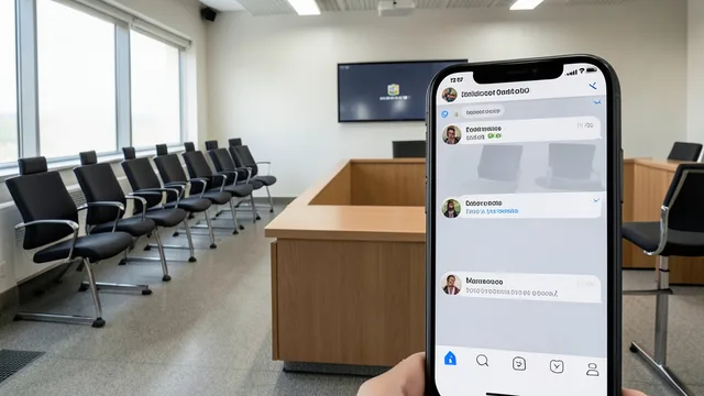 Imagem gerada por IA: Sala de tribunal eleitoral com cadeiras de ministros e um celular exibindo uma interface genérica de mensagens.