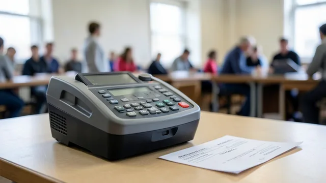 Imagem gerada por IA: Urna eletrônica e boletim impresso sobre uma mesa em local de votação.