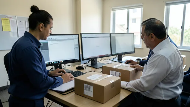 Imagem gerada por IA: Equipe acompanha a apuração eleitoral em uma sala de trabalho, com urnas e computadores.
