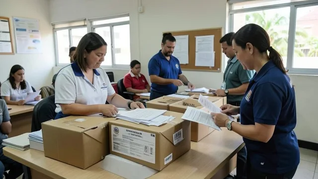 Imagem gerada por IA: Mesários conferem urnas e documentos eleitorais após a votação.