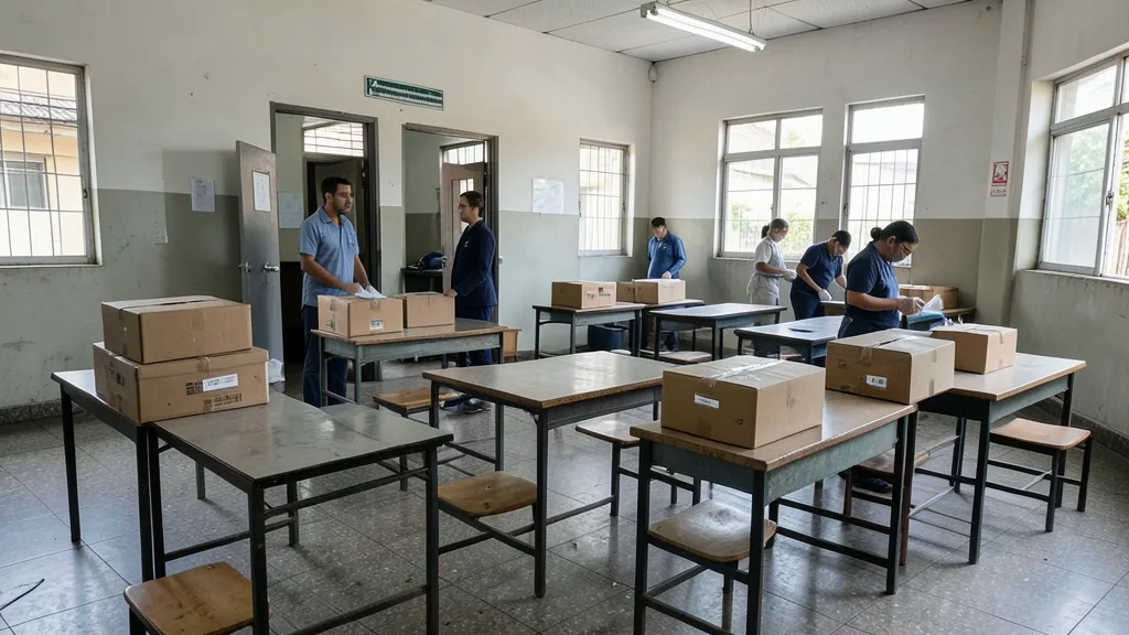 Urnas e cabines em uma seção eleitoral brasileira sendo preparada por trabalhadores genéricos.