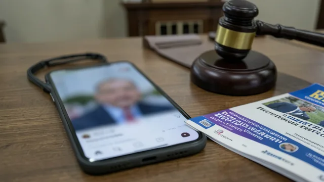 Imagem gerada por IA: Celular com vídeo desfocado ao lado de um martelo judicial e materiais de campanha eleitoral.