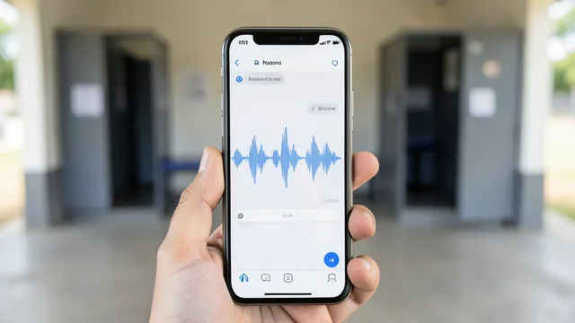 Imagem gerada por IA: Celular com mensagem de áudio diante de uma seção eleitoral desfocada.