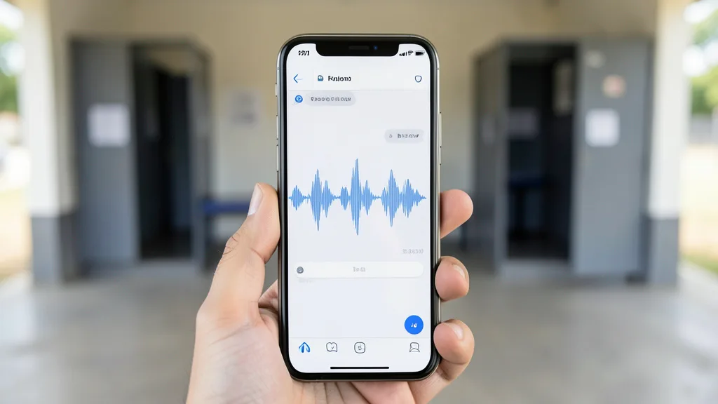 Imagem gerada por IA: Celular com mensagem de áudio diante de uma seção eleitoral desfocada.