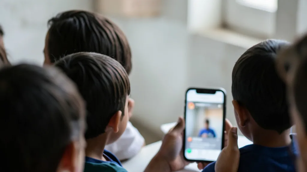 Imagem gerada por IA: Celular com uma publicação em vídeo ao lado de crianças vistas de costas.