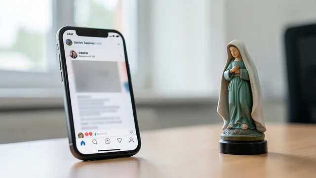 Celular com uma publicação genérica ao lado de uma imagem de Nossa Senhora Aparecida.