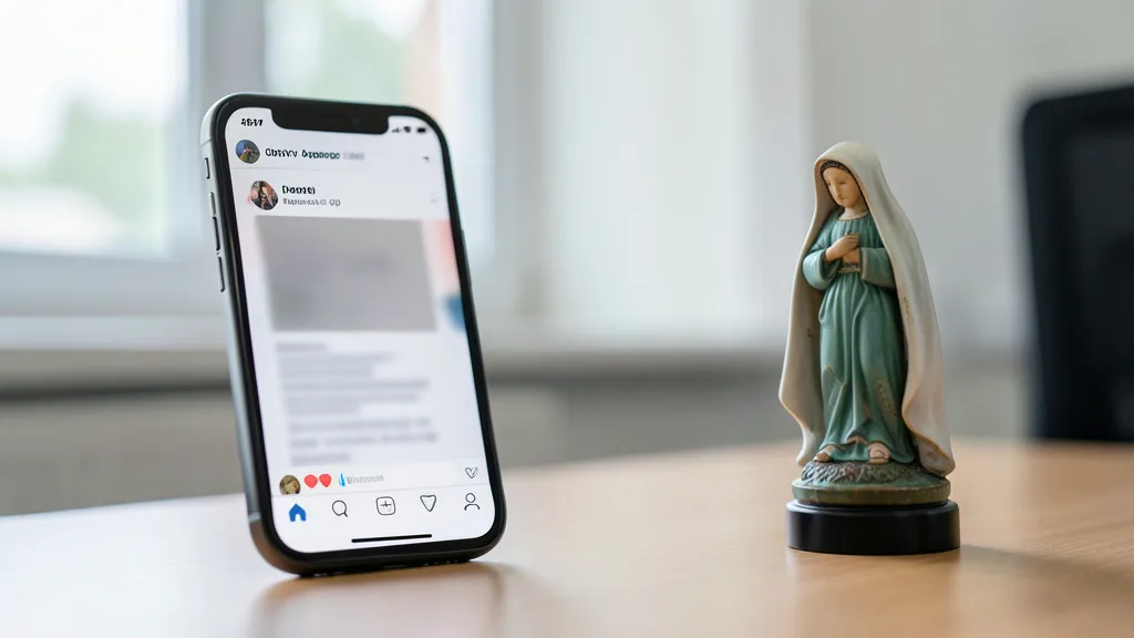 Celular com uma publicação genérica ao lado de uma imagem de Nossa Senhora Aparecida.