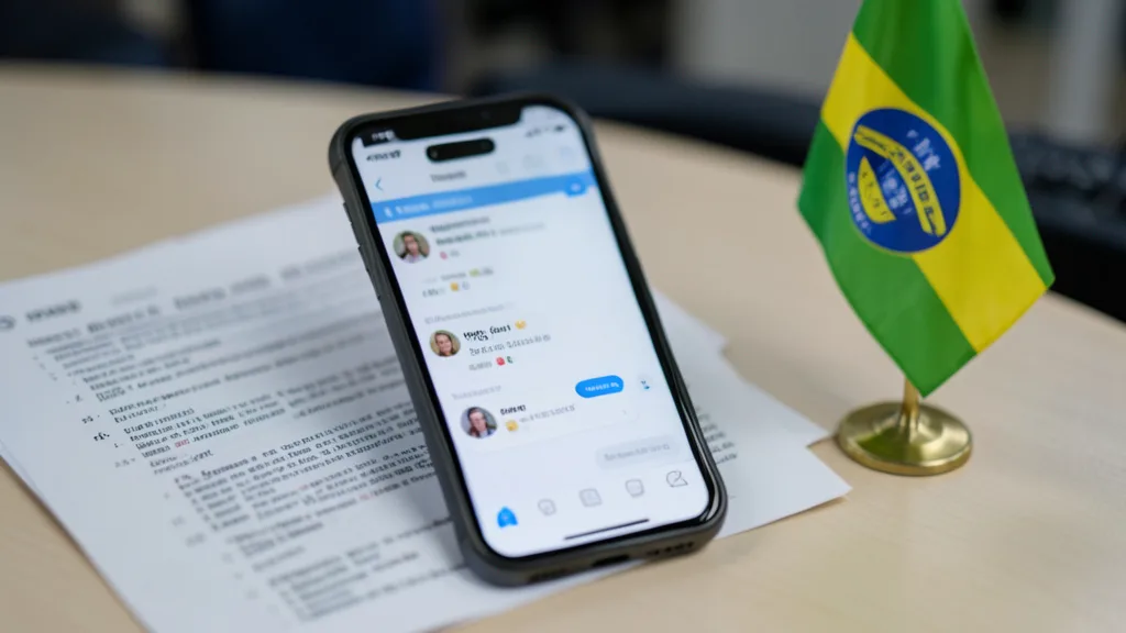 Imagem gerada por IA: Celular com um canal de mensagens ao lado de documentos jurídicos e uma bandeira do Brasil.