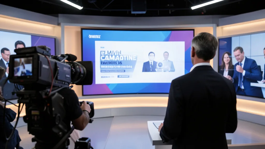 Imagem gerada por IA: Câmera grava uma propaganda eleitoral em um estúdio de televisão.