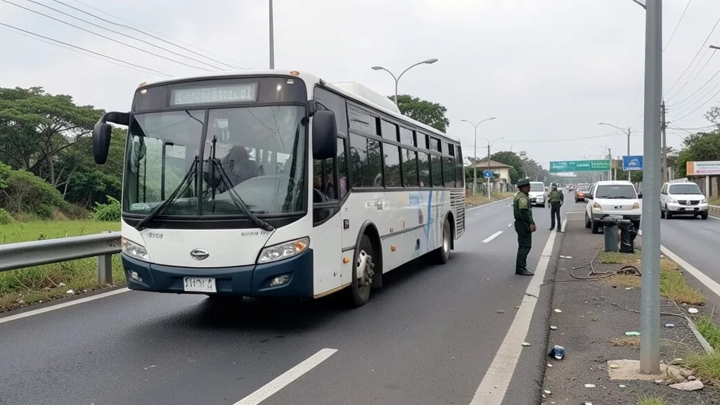 Imagem gerada por IA: Ônibus em uma rodovia brasileira próximo a uma área de fiscalização.