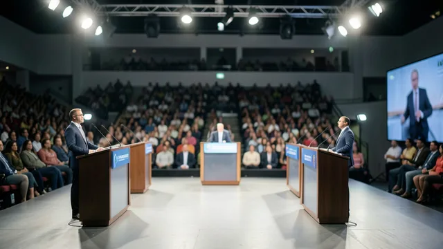 Púlpitos vazios em um estúdio preparado para um debate presidencial televisionado.