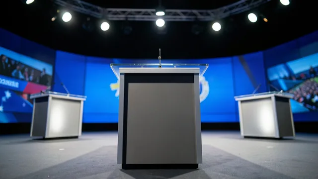Púlpito vazio em um estúdio preparado para um debate presidencial, com outros púlpitos e luzes de televisão ao fundo.