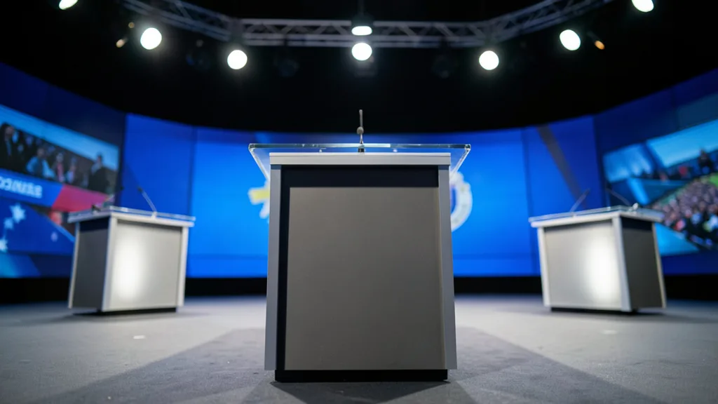 Púlpito vazio em um estúdio preparado para um debate presidencial, com outros púlpitos e luzes de televisão ao fundo.