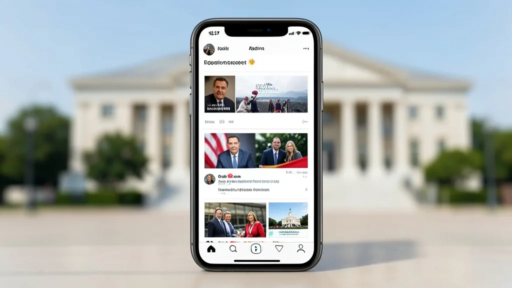 Imagem gerada por IA: Celular com um feed de publicações políticas diante de um prédio da Justiça Eleitoral.
