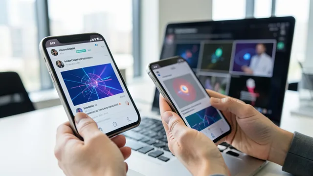 Imagem gerada por IA: Celular e computador exibem interfaces genéricas de redes sociais e imagens geradas por inteligência artificial.