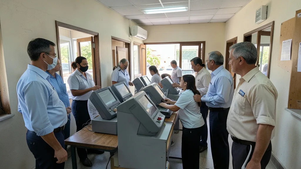 Imagem gerada por IA: Observadores acompanham a organização de uma seção eleitoral no Brasil.