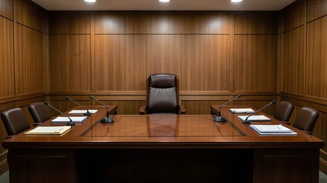 Imagem gerada por IA: Sala de tribunal eleitoral com cadeira central vazia, mesa de reunião e documentos jurídicos.