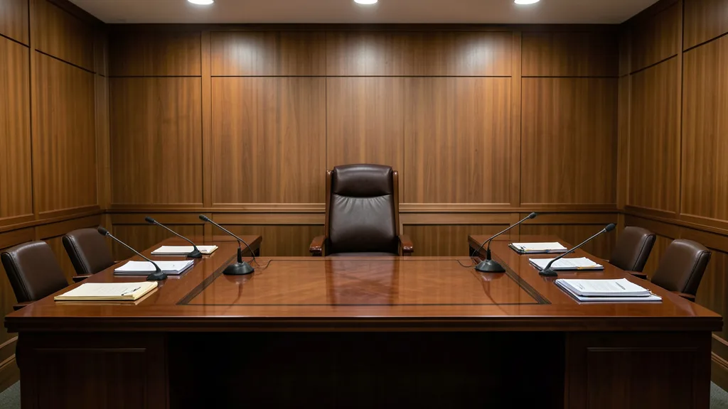 Imagem gerada por IA: Sala de tribunal eleitoral com cadeira central vazia, mesa de reunião e documentos jurídicos.