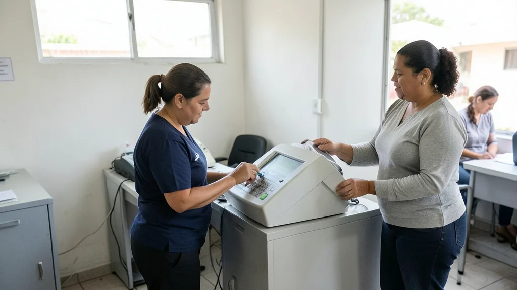 Imagem gerada por IA: Mesário troca uma urna eletrônica em uma seção eleitoral.
