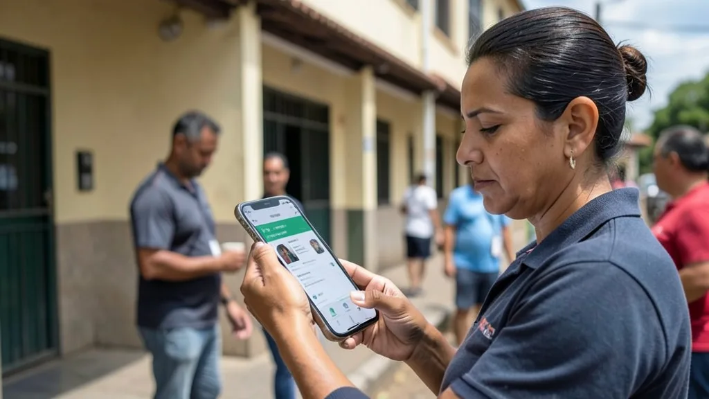 Imagem gerada por IA: Eleitor consulta um aplicativo no celular perto de um local de votação.