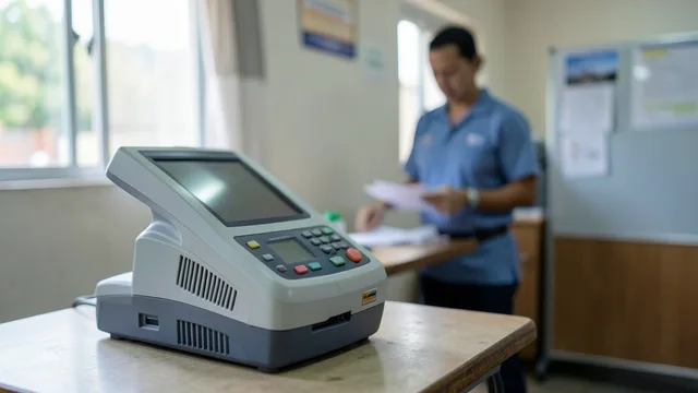 Imagem gerada por IA: Urna eletrônica em uma seção eleitoral, com um mesário ao fundo.