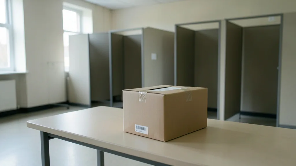 Imagem gerada por IA: Urna eletrônica em uma seção eleitoral vazia após o encerramento da votação.