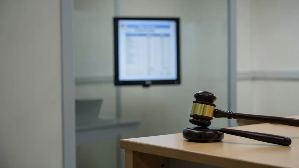 Imagem gerada por IA: Urna eletrônica em seção eleitoral, com um martelo de juiz em primeiro plano.