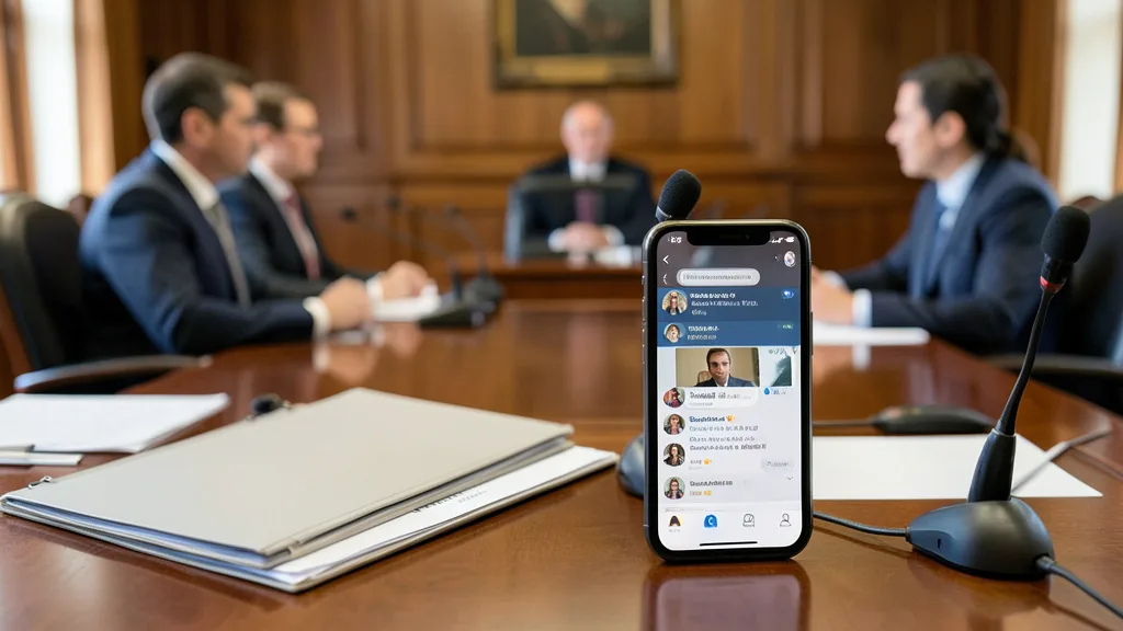 Imagem gerada por IA: Celular com um canal de mensagens sobre uma mesa diante de equipes jurídicas reunidas.