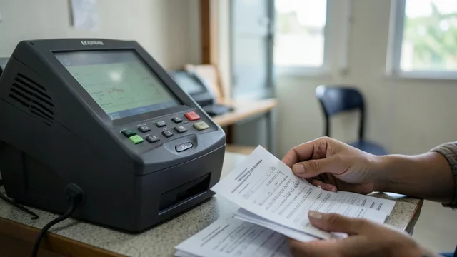 Imagem gerada por IA: Urna eletrônica em uma seção eleitoral, com materiais de votação ao lado.