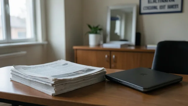 Imagem gerada por IA: Exemplares de jornal sobre uma mesa ao lado de um computador fechado.