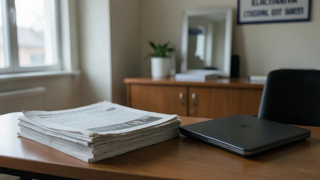 Imagem gerada por IA: Exemplares de jornal sobre uma mesa ao lado de um computador fechado.