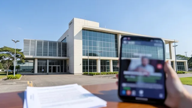 Imagem gerada por IA: Fachada do TSE em Brasília ao fundo, com um celular exibindo uma tela de vídeo desfocada em primeiro plano.