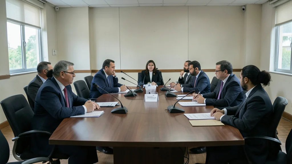 Imagem gerada por IA: Sala de reunião institucional do TSE preparada para um encontro sobre ações eleitorais.