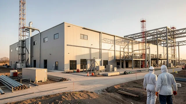 Imagem gerada por IA: Complexo moderno de fabricação de chips em construção no Texas, com trabalhadores ao fundo.