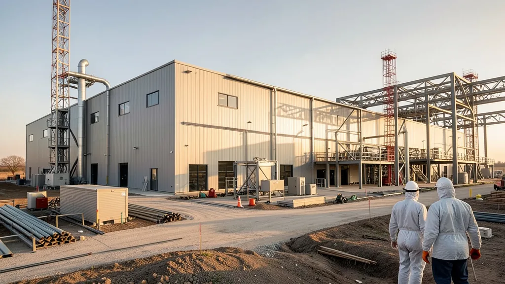 Imagem gerada por IA: Complexo moderno de fabricação de chips em construção no Texas, com trabalhadores ao fundo.