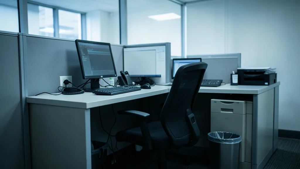 Imagem gerada por IA: Posto vazio de telemarketing com headset, computador e uma lixeira ao lado da cadeira.