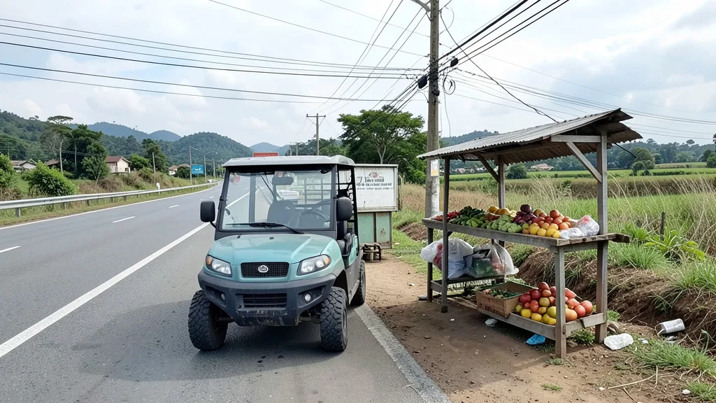Veículo de serviço estacionado ao lado de uma banca de frutas em uma rodovia.