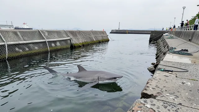 Imagem gerada por IA: Tubarão-cinza perto de redes de proteção em um canal portuário de Busan.