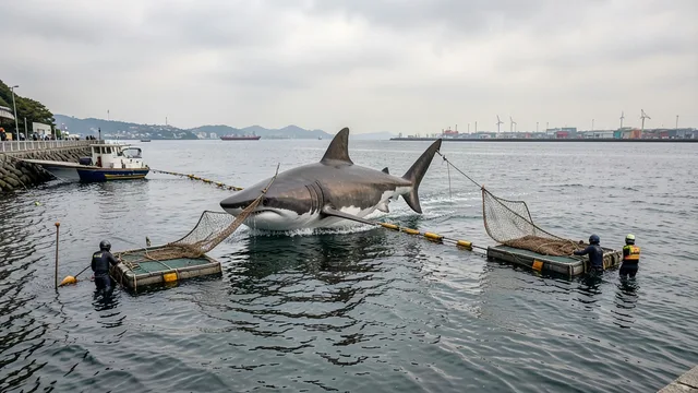 Imagem gerada por IA: Rede de resgate conduz um tubarão por um canal costeiro em direção ao mar aberto.