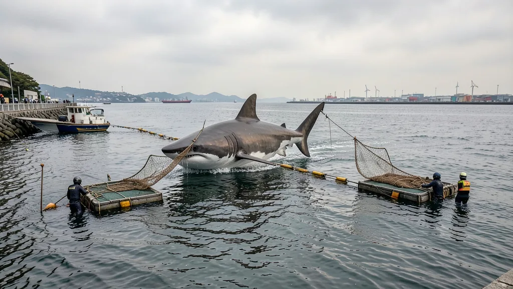 Imagem gerada por IA: Rede de resgate conduz um tubarão por um canal costeiro em direção ao mar aberto.