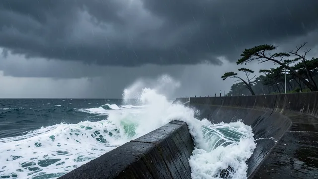 Imagem gerada por IA: Ondas fortes atingem um quebra-mar na costa de Taiwan sob céu carregado.