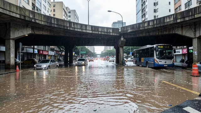 Imagem gerada por IA: Água cobre a pista de um túnel urbano após uma forte chuva em São Paulo.