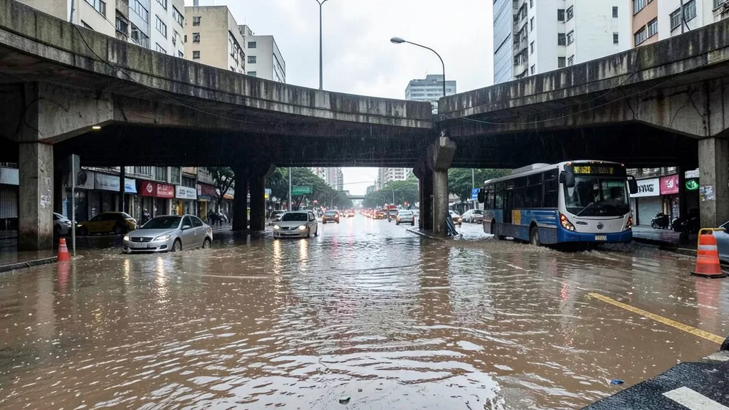 Imagem gerada por IA: Água cobre a pista de um túnel urbano após uma forte chuva em São Paulo.