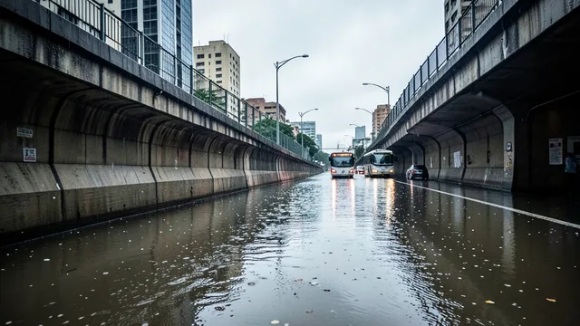 Imagem gerada por IA: Água acumulada no túnel do Anhangabaú após chuva forte, com veículos parados ao fundo.