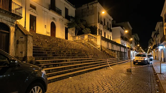 Escadaria de pedra na Pedra do Sal à noite, com veículo policial ao fundo e área isolada.