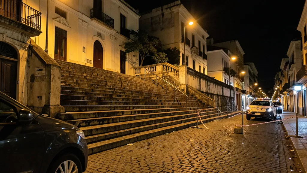 Escadaria de pedra na Pedra do Sal à noite, com veículo policial ao fundo e área isolada.